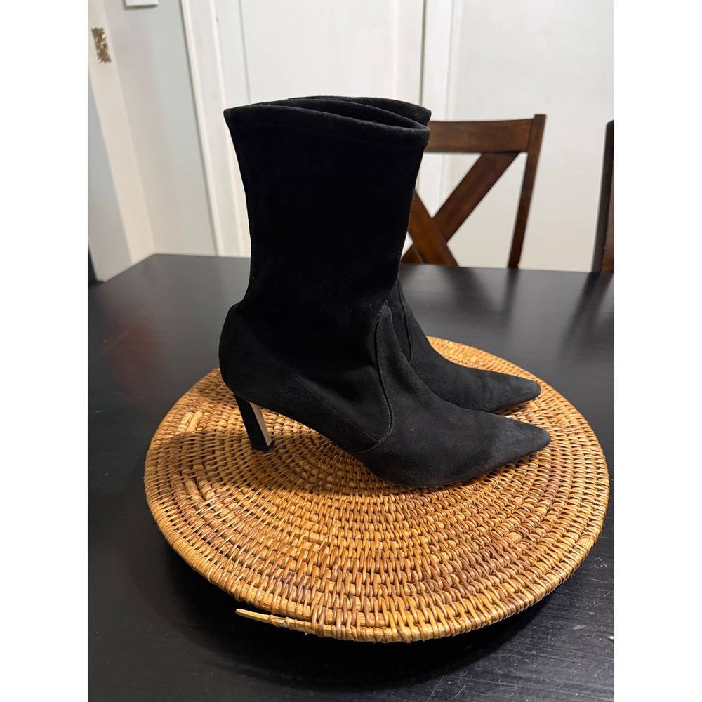 Stuart Weitzman Black Suede Pointed Toe Sock Ankle Boots Stiletto Heel